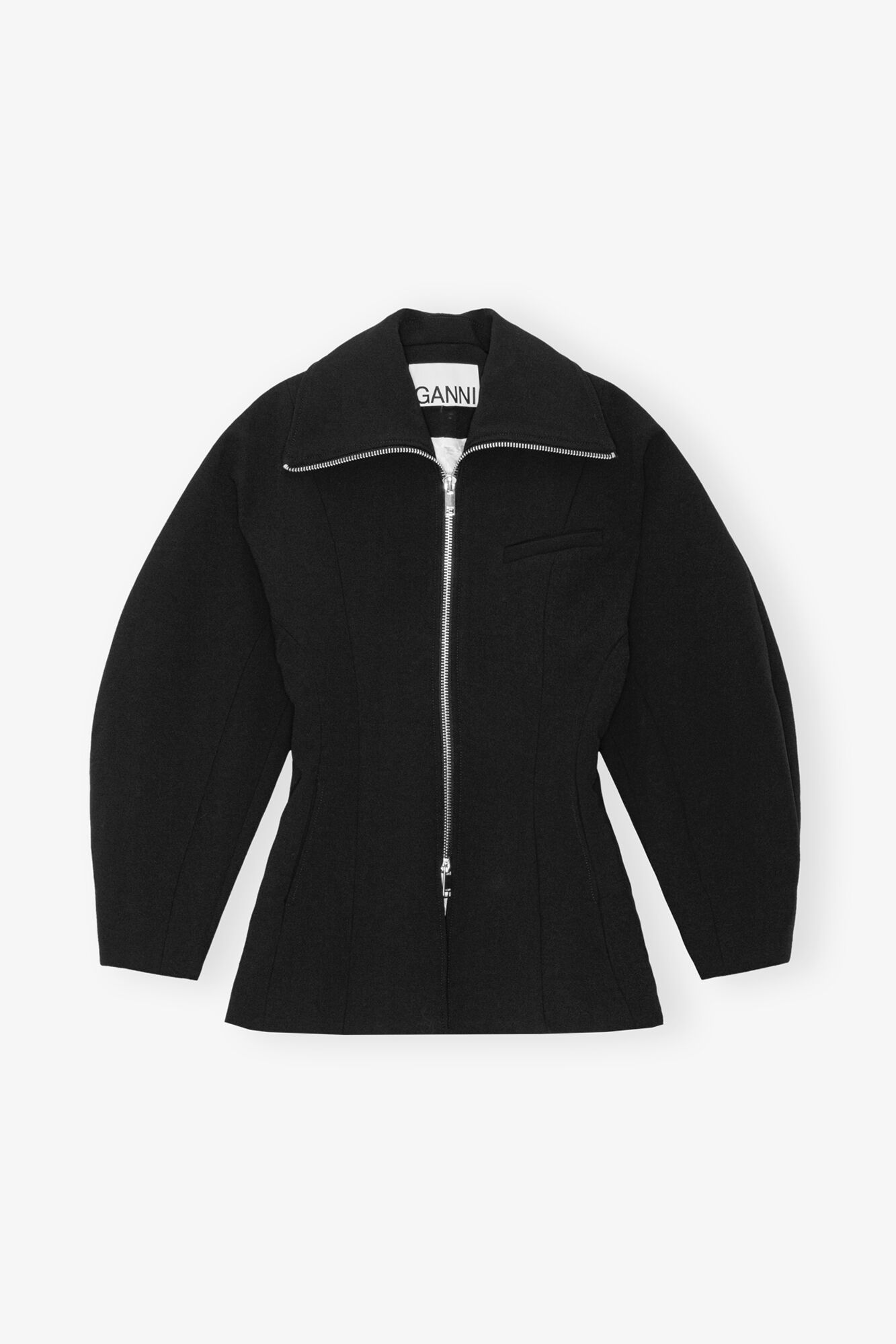 Black Bonded Crepe Curve Sleeve Jacket, Recycled Polyester, in colour Black - 1 - GANNI