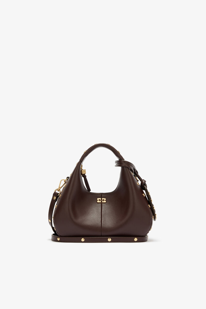 Mini Hobo Bag with Studs in Brown, Recycled Leather, in colour Chicory Coffee - 1 - GANNI
