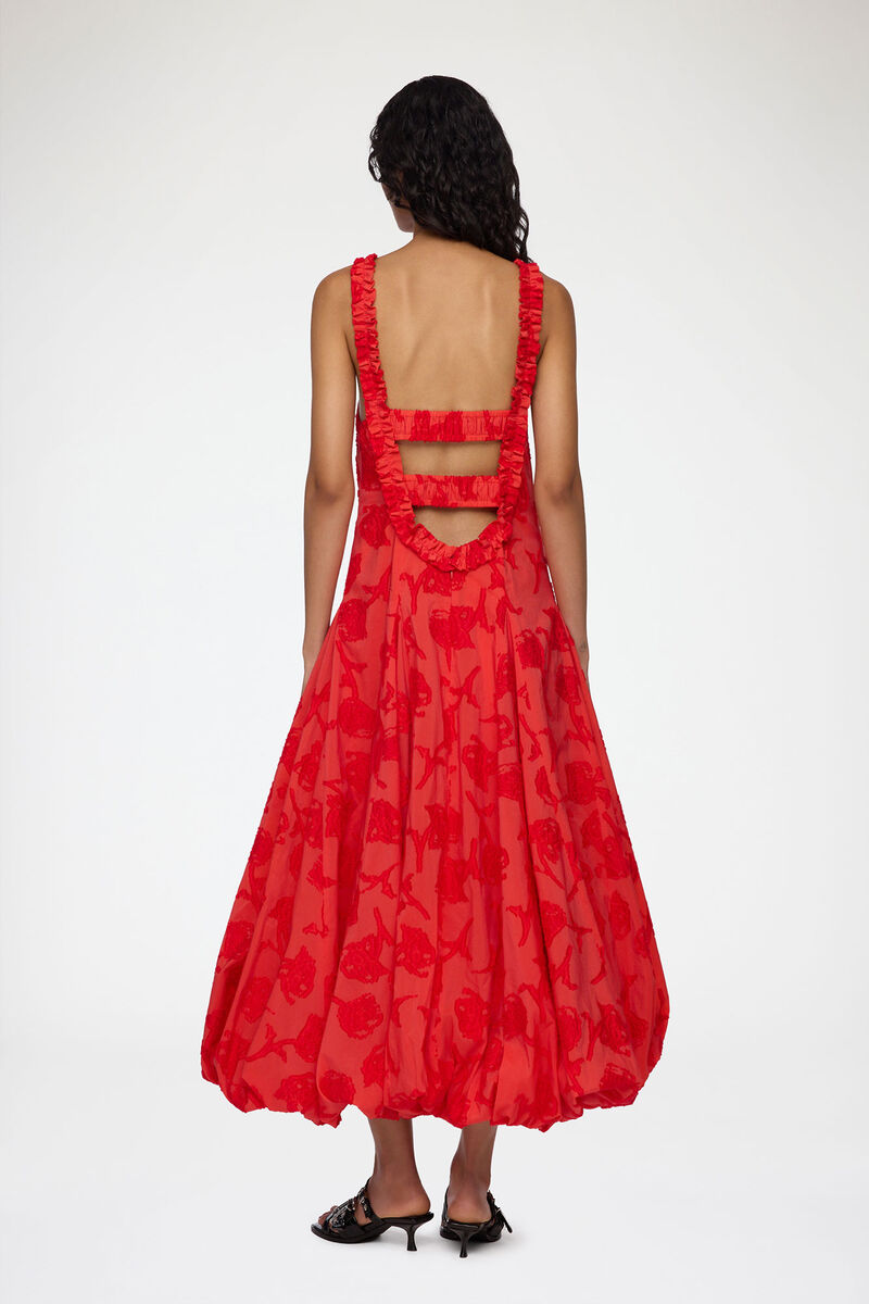 Dress in Red Fil Coupe, Recycled Cotton, in colour Fiery Red - 2 - GANNI