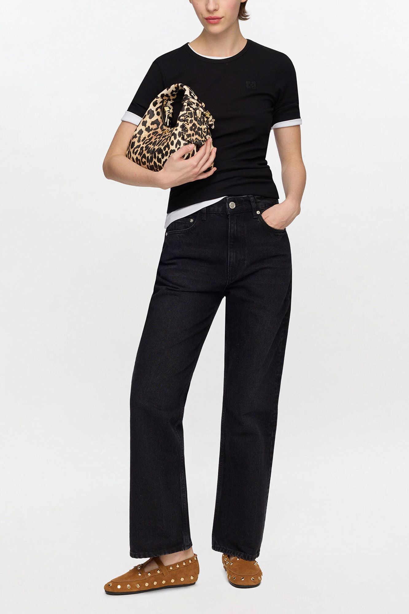 Mini Hobo Bag in Grained Leopard, Recycled Polyester, in colour Almond Milk - 1 - GANNI