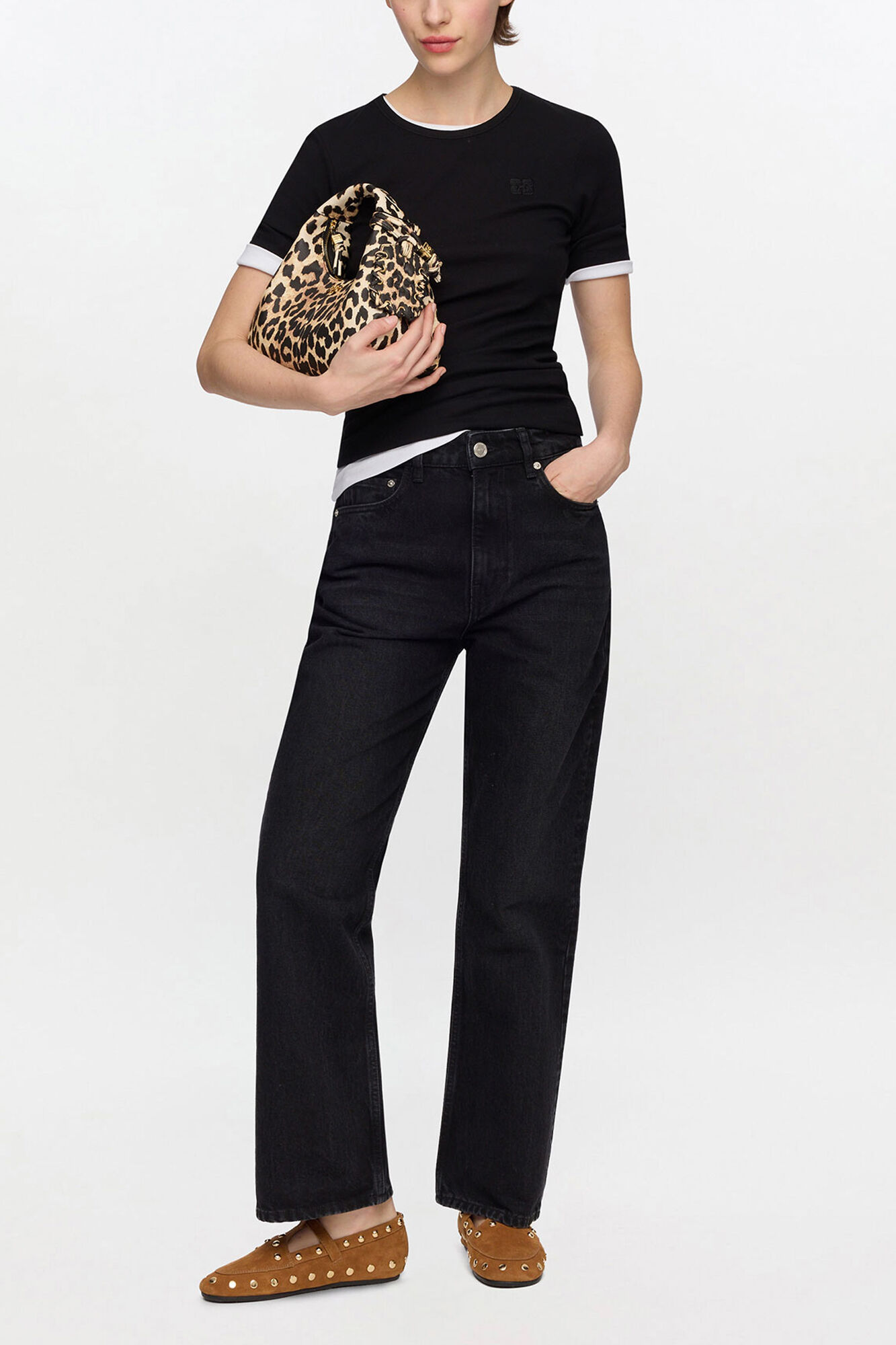 Betzy Cropped Jeans in Black Rigid Denim, Organic Cotton, in colour Black Washed - 1 - GANNI