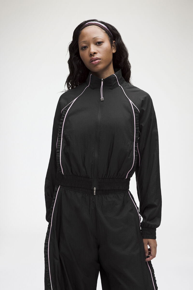 Ruffle-Trim Textured Jacket, Recycled Polyamide, in colour Black - 1 - GANNI