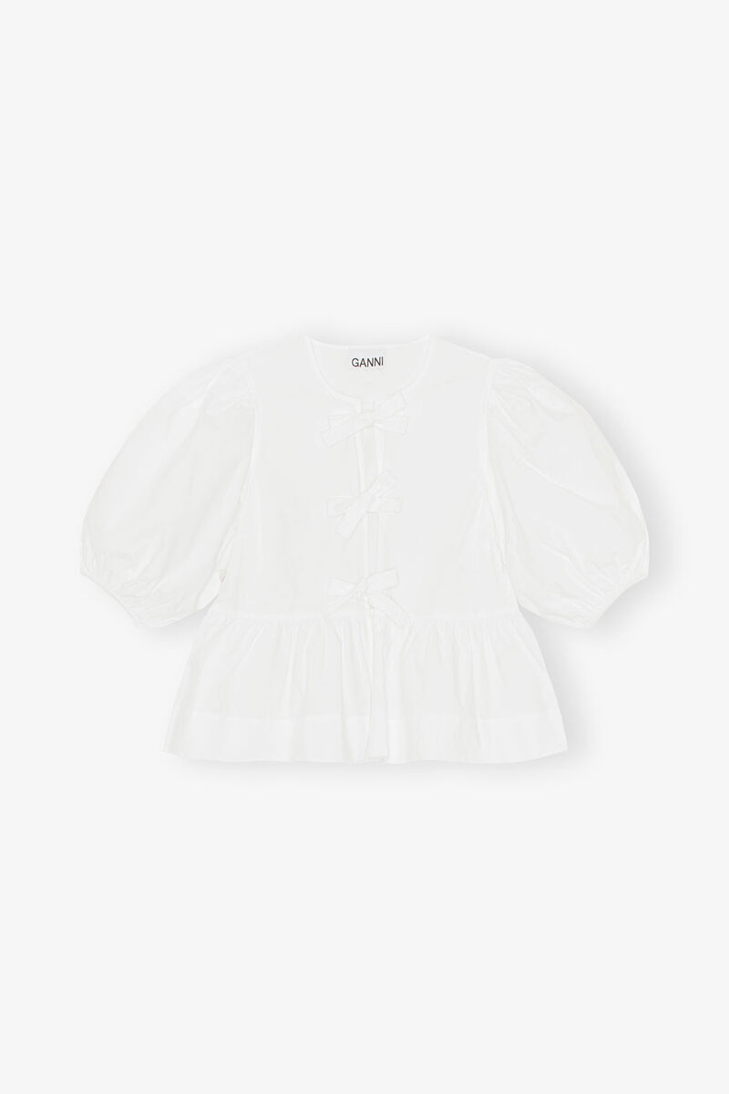 Cotton Poplin Peplum Tie Blouse, Organic Cotton, in colour Bright White - 1 - GANNI