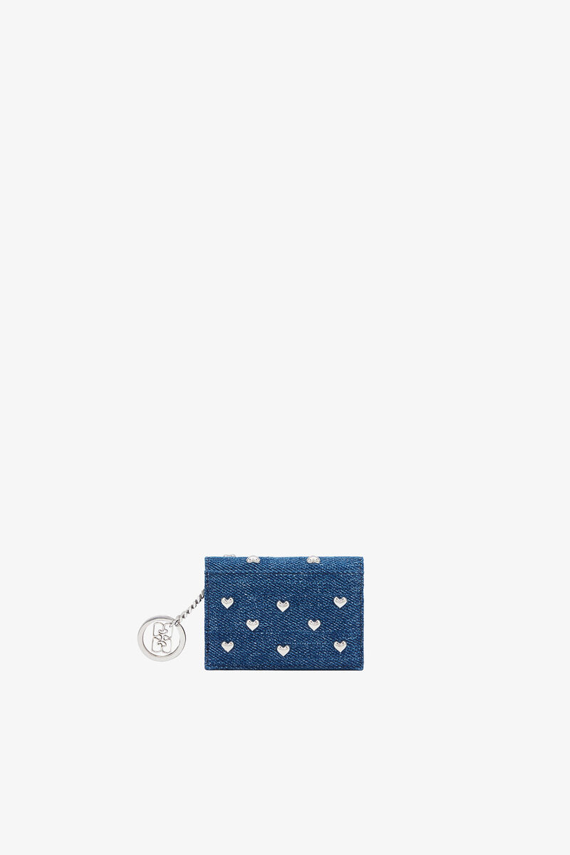 Bou korthållare med lock och hjärtnitar i denim, Recycled Cotton, in colour Faded Denim - 2 - GANNI