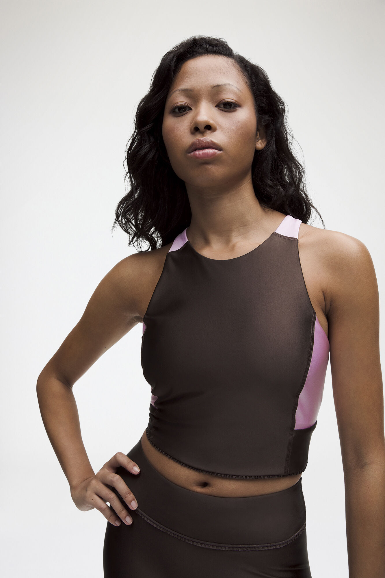 Ruffle-Trim Cropped Tank in Brown, Elastane, in colour Espresso - 4 - GANNI