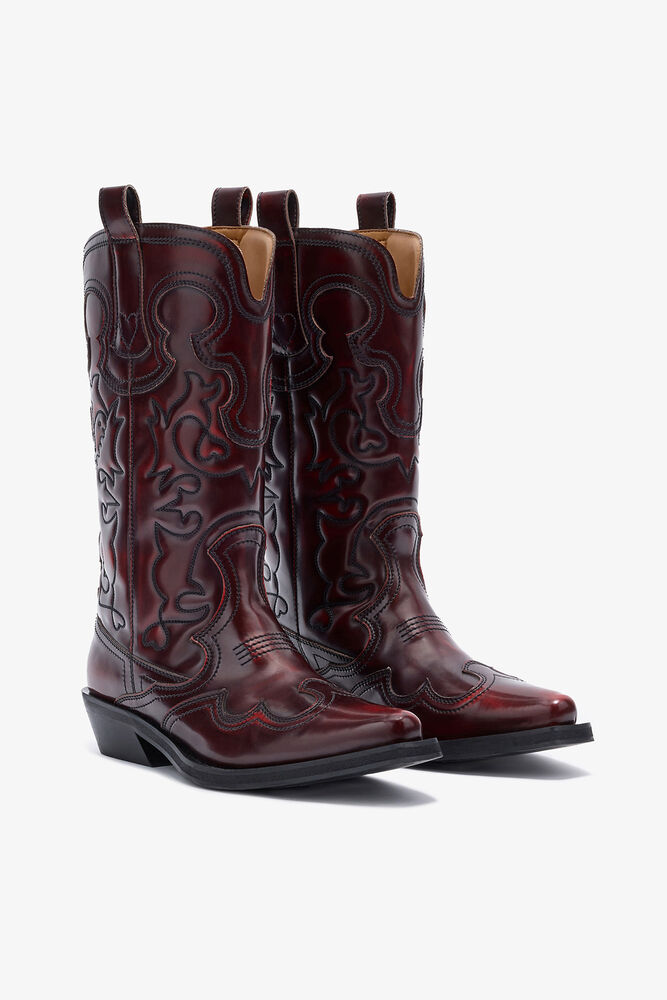 Bottes western mi-mollet brodées en bordeaux, Black/Dark Burgundy