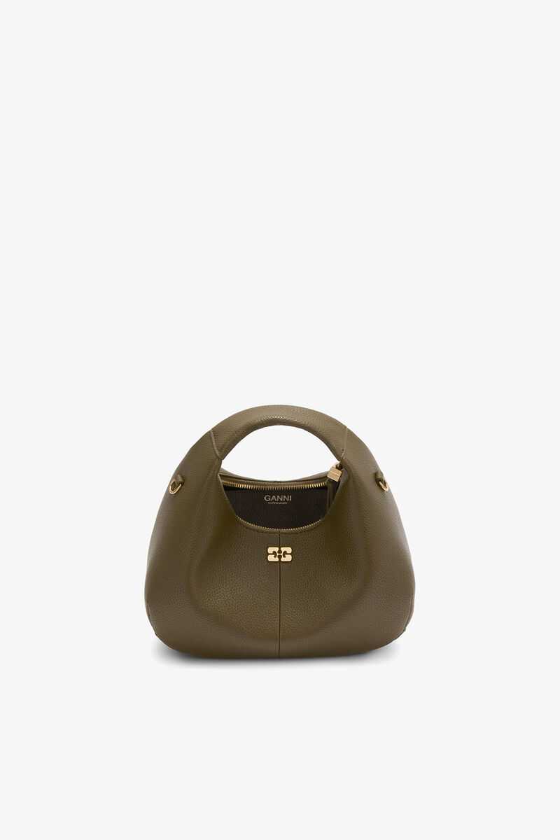 Mini Hobo Bag in Grained Green, Recycled Polyester, in colour Military Olive - 3 - GANNI