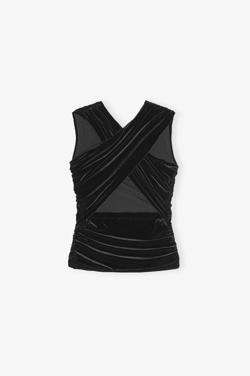 Black Velvet Ruched Top, Recycled Polyester, in colour Black - 2 - GANNI