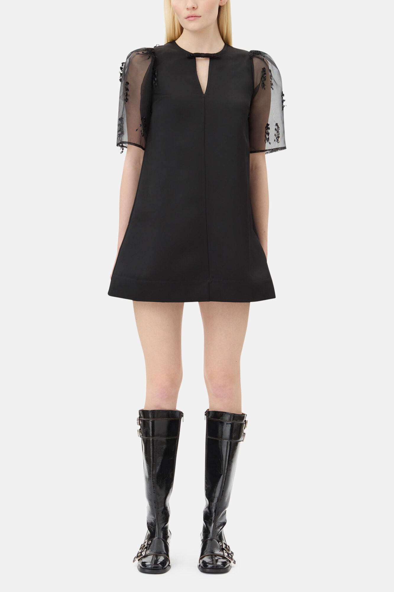 Black Fringed Organza Mini Dress, Recycled Polyester, in colour Black - 1 - GANNI