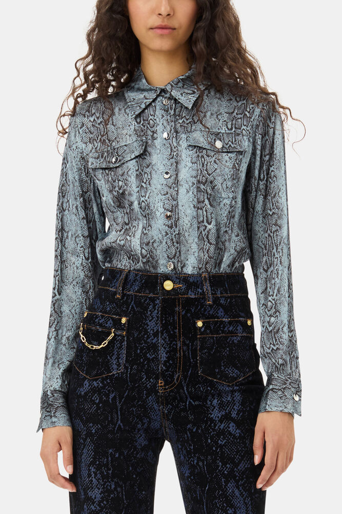 Blue Snake Printed Hemd, Celestial Blue