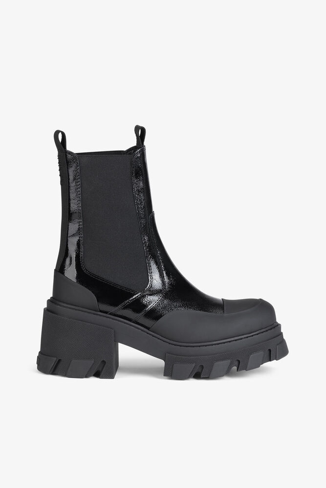 Cleated Heeled Mid Chelsea Boots in Black Naplack, Black