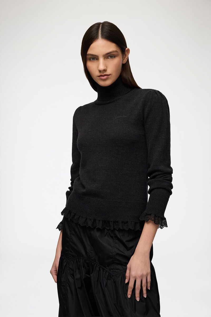 Rollkragenpullover aus Spitzenmerinowolle, Merino Wool, in colour Phantom - 1 - GANNI
