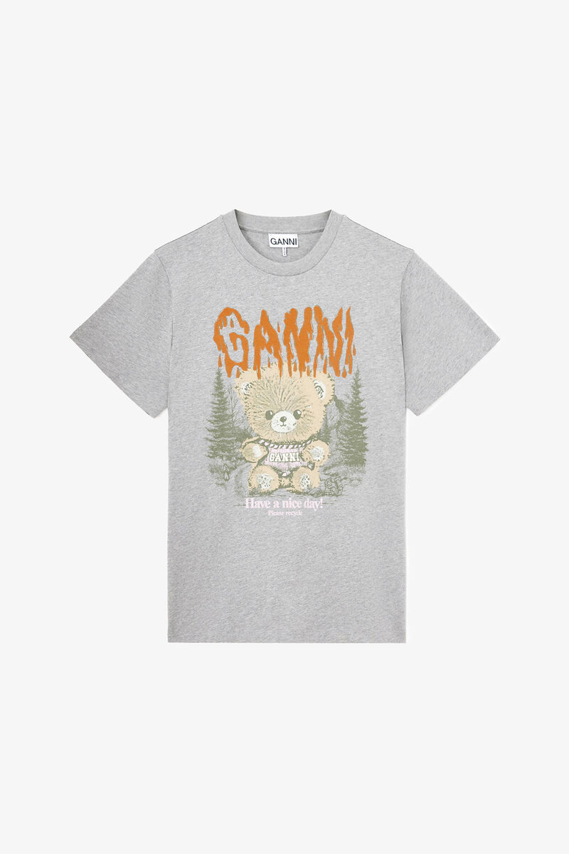 T-shirt with Forest Teddy, Organic Cotton, in colour Paloma - 1 - GANNI