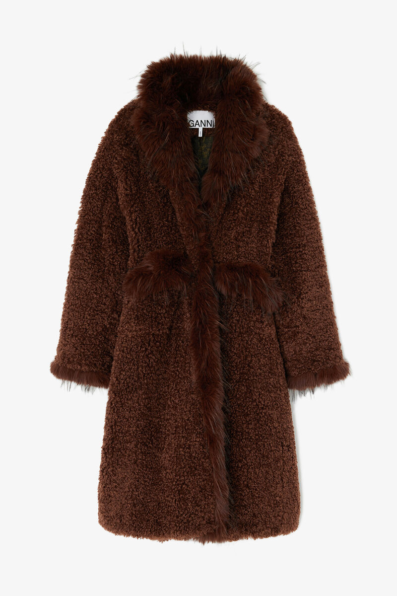 Coat in Alternative Shearling, Polyester, in colour Chocolate Brown - 1 - GANNI