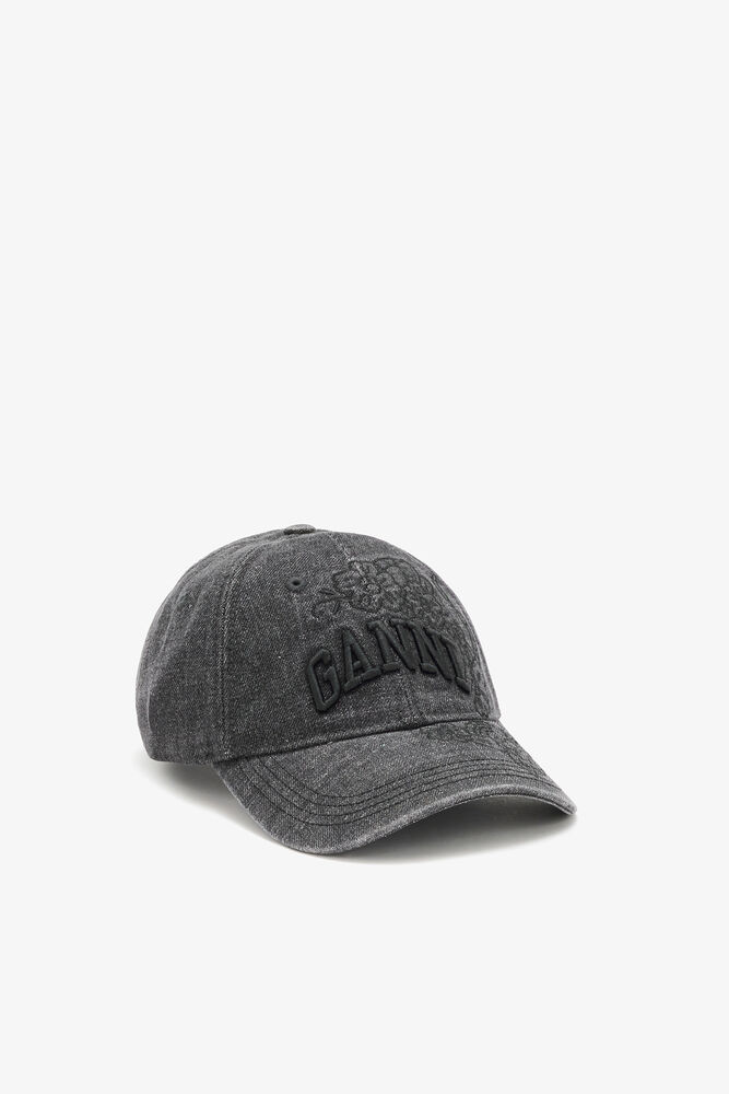 Cap in Embroidered Denim, Black Washed