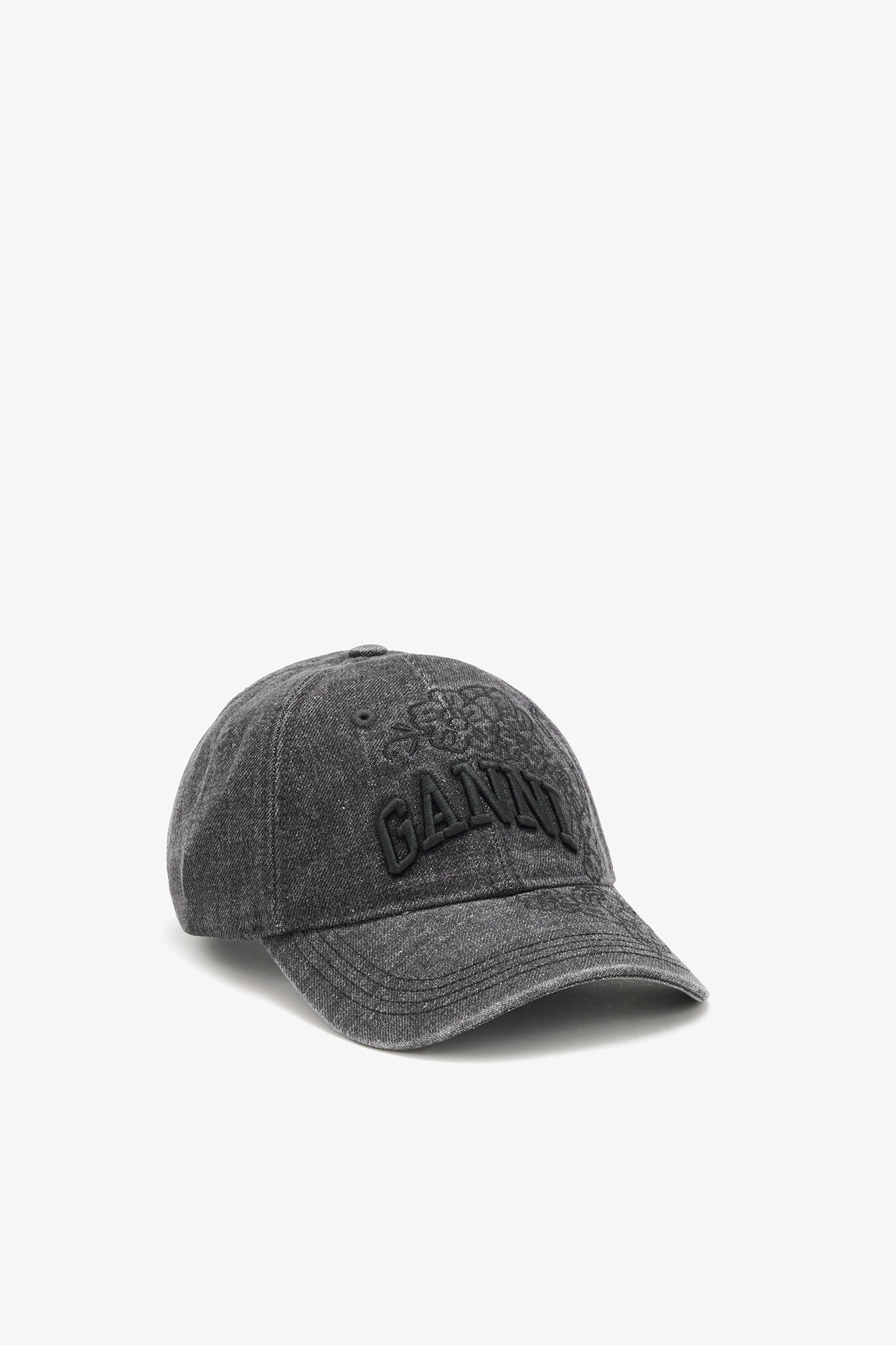 Cap in Embroidered Denim, Organic Cotton, in colour Black Washed - 1 - GANNI