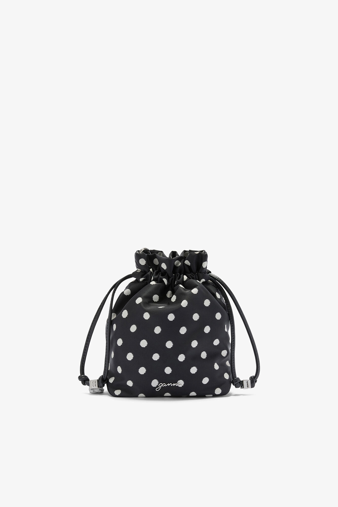Bou Bucket Pouch in Polka Dot, Recycled Nylon, in colour Black - 1 - GANNI