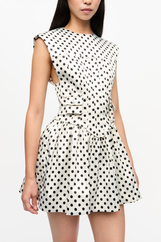 Polka-Dot Satin Corset Mini Dress, Egret