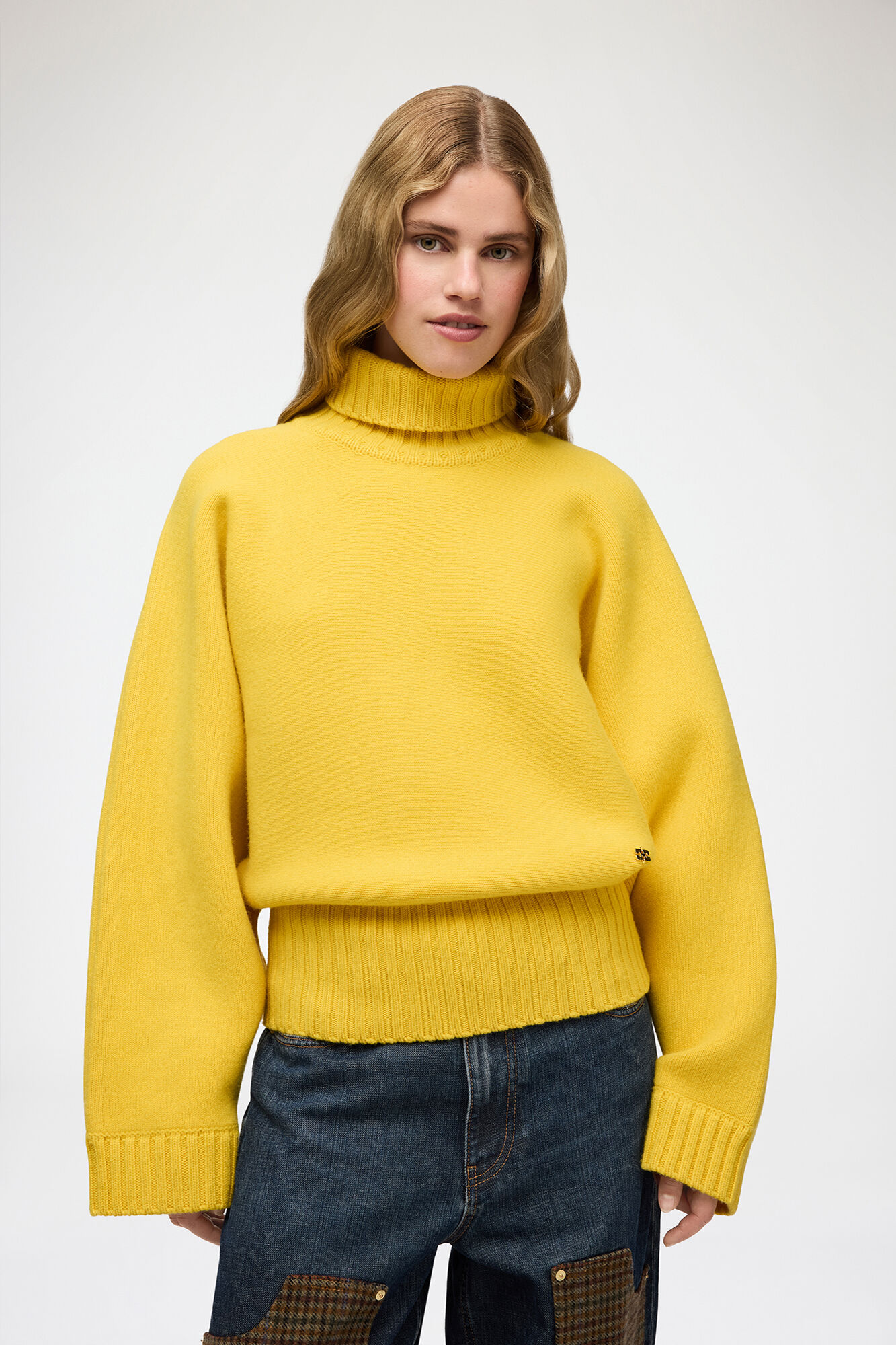 Turtleneck in Double Knit, Wool, in colour Lemon - 1 - GANNI