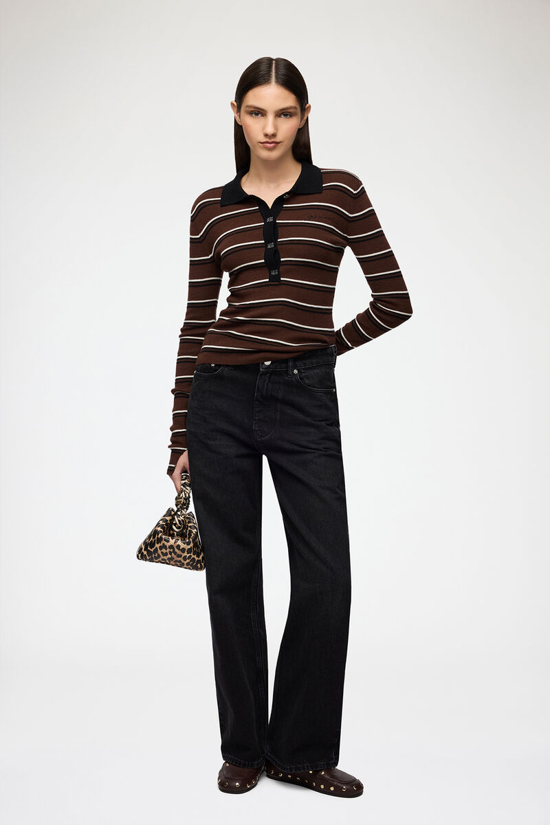 Polo Shirt in Striped Merino, Wool, in colour Multicolour - 2 - GANNI