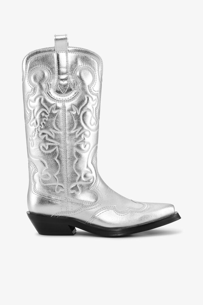 Silver Mid Shaft Embroidered Western Boots, Silver