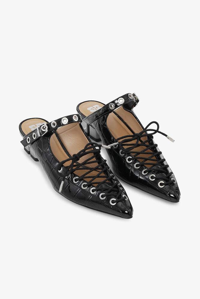 Croc Patent Lace-Up Mules in Black, Black