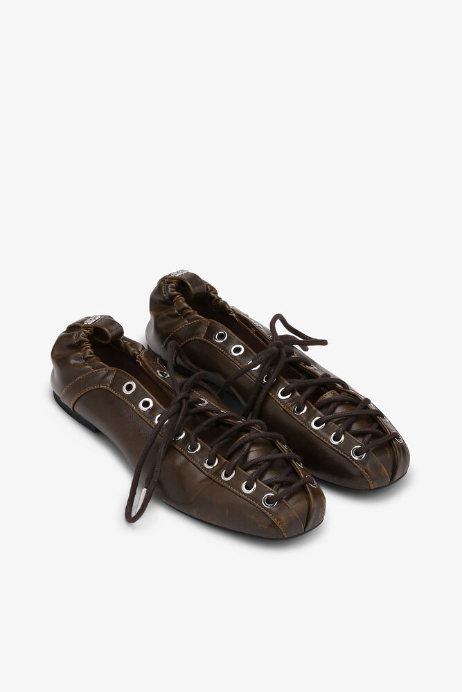 Lace-Up Ballerinas in Dark-Olive Oleatex, Dark Olive