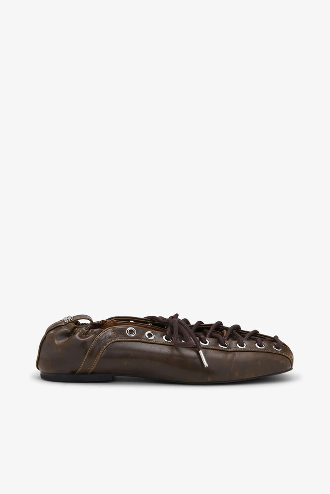 Lace-Up Ballerinas in Dark-Olive Oleatex, Dark Olive