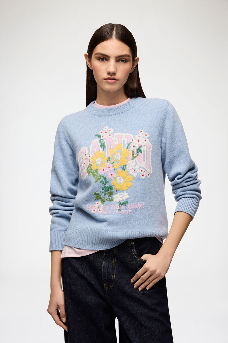 Tröja med blommor, Wool, in colour Blue Bonnet - 1 - GANNI