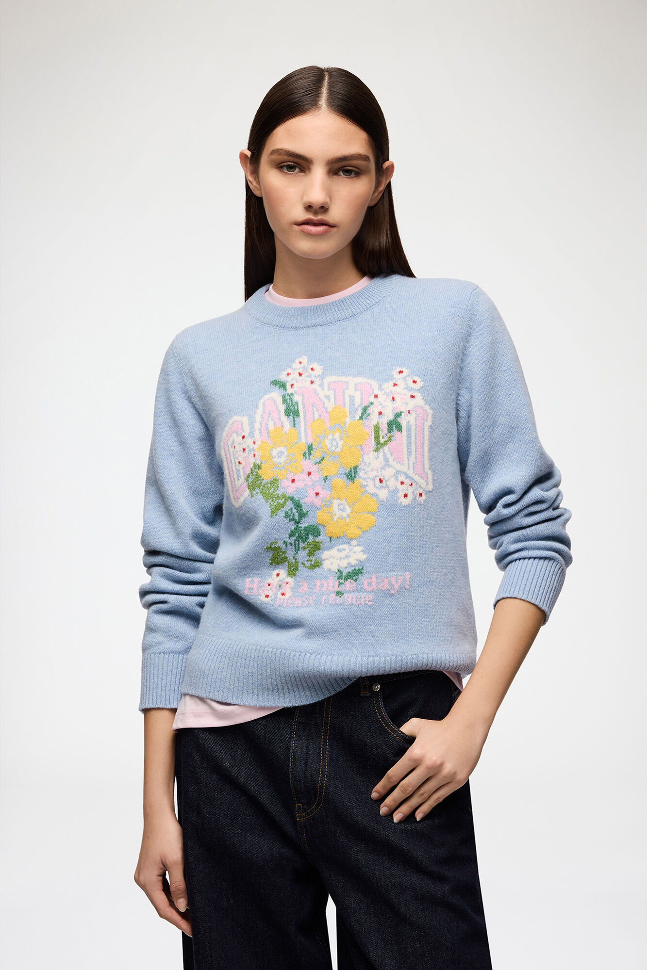 Tröja med blommor, Wool, in colour Blue Bonnet - 1 - GANNI
