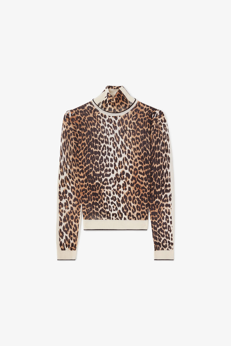 Rollkragenpullover in Leopard, Merino Wool, in colour Almond Milk - 1 - GANNI