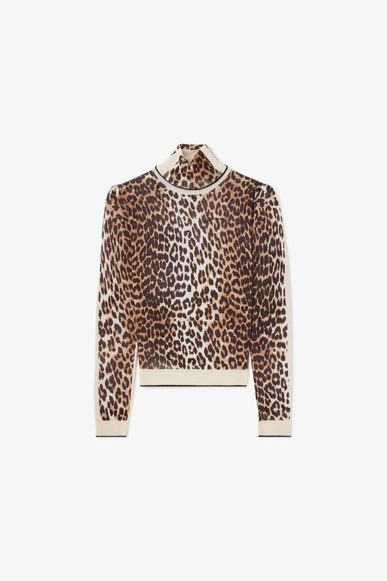 Rollkragenpullover in Leopard, Merino Wool, in colour Almond Milk - 1 - GANNI