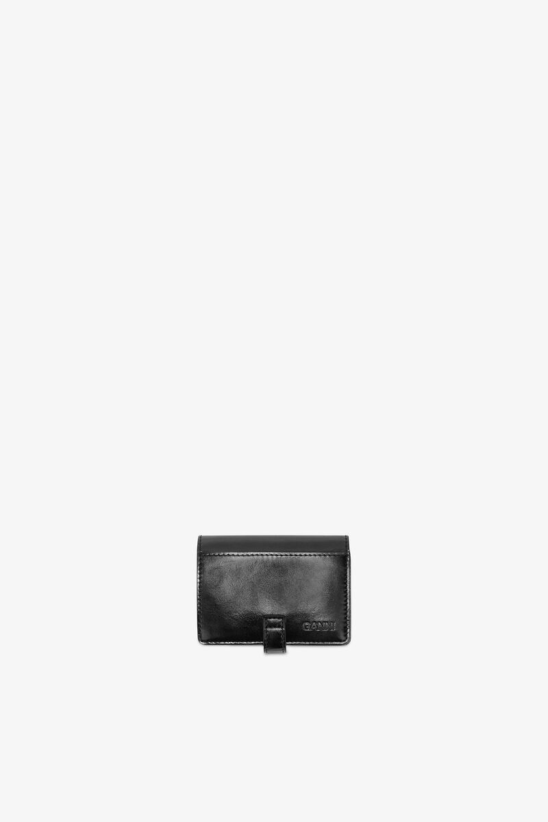 Sue Slim Card Holder with Flap in Black, Recycled Leather, in colour Black - 2 - GANNI