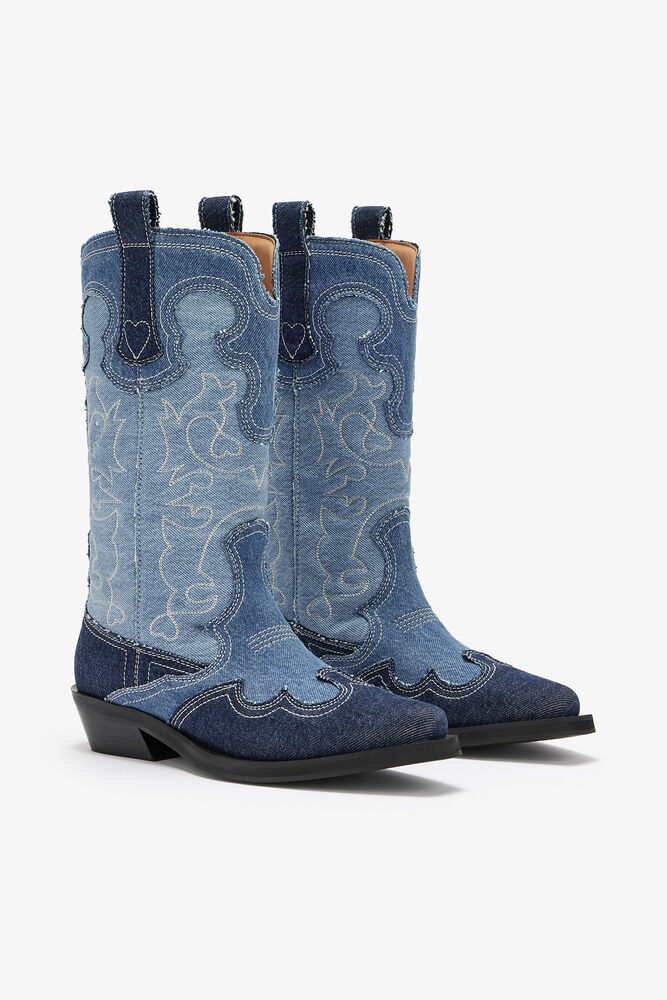 Mid Shaft Embroidered Western Boots in Denim, Mid Blue Vintage