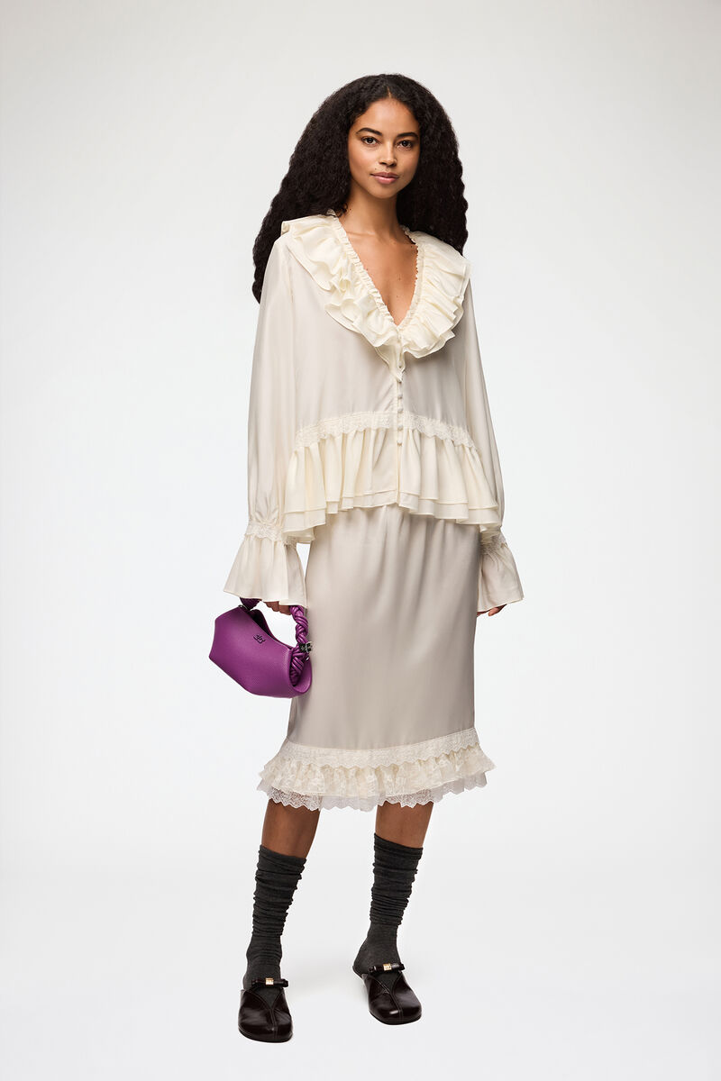 Blouse in Viscose Silk, Viscose, in colour Egret - 2 - GANNI