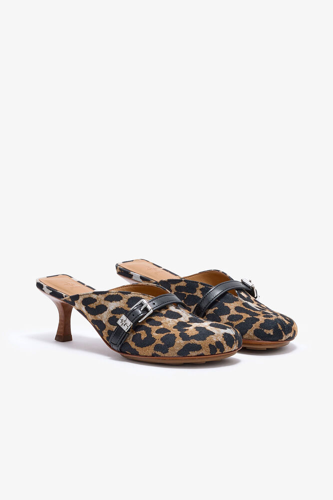 Sue Heeled Mules in Leopard, Almond Milk