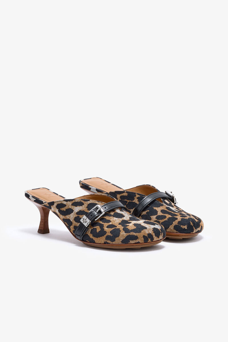 Sue Heeled Mules in Leopard, Recycled Cotton, in colour Almond Milk - 2 - GANNI
