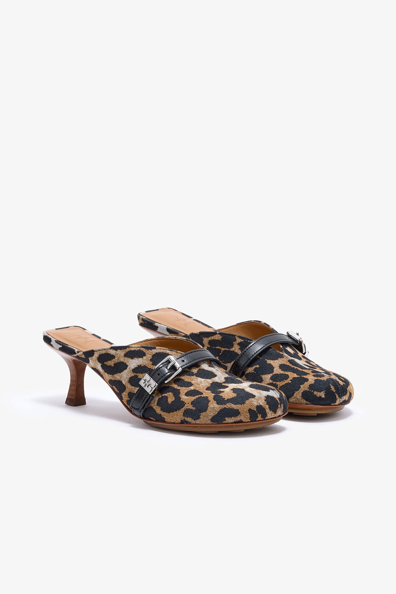 Sue Heeled Mules in Leopard, Recycled Cotton, in colour Almond Milk - 2 - GANNI