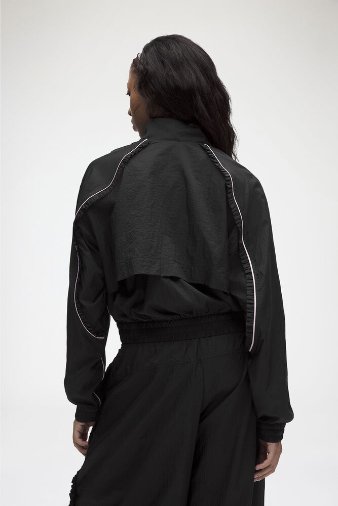 Ruffle-Trim Textured Jacket, Black