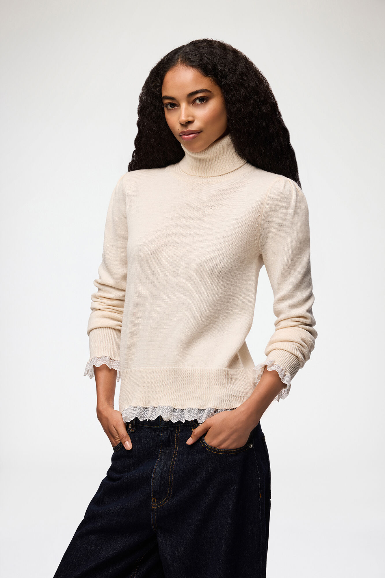 Turtleneck in Lace Merino, Merino Wool, in colour Egret - 1 - GANNI