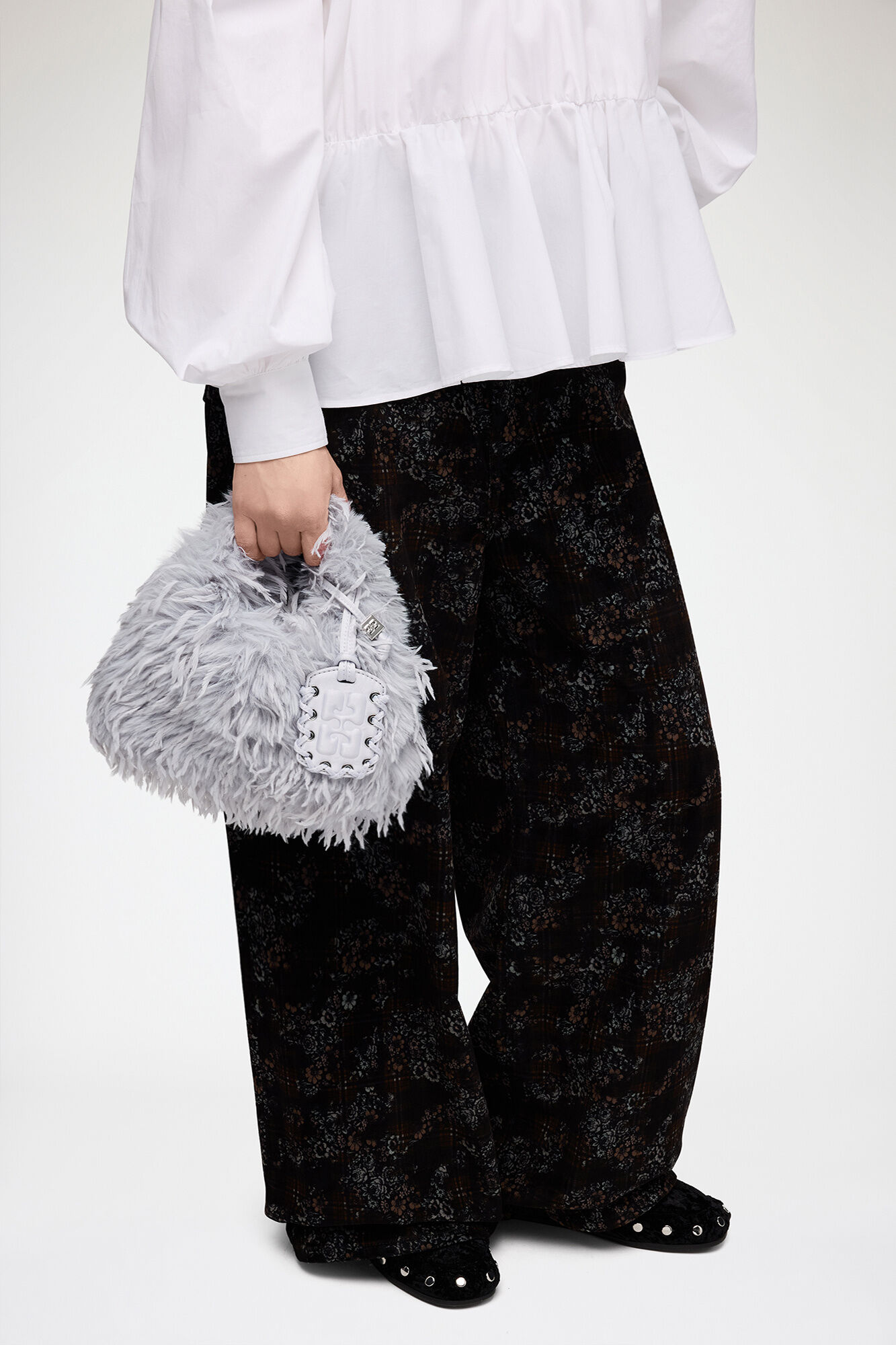 Mini Hobo Bag in Blue Feathers, Polyester, in colour Quiet Gray - 2 - GANNI