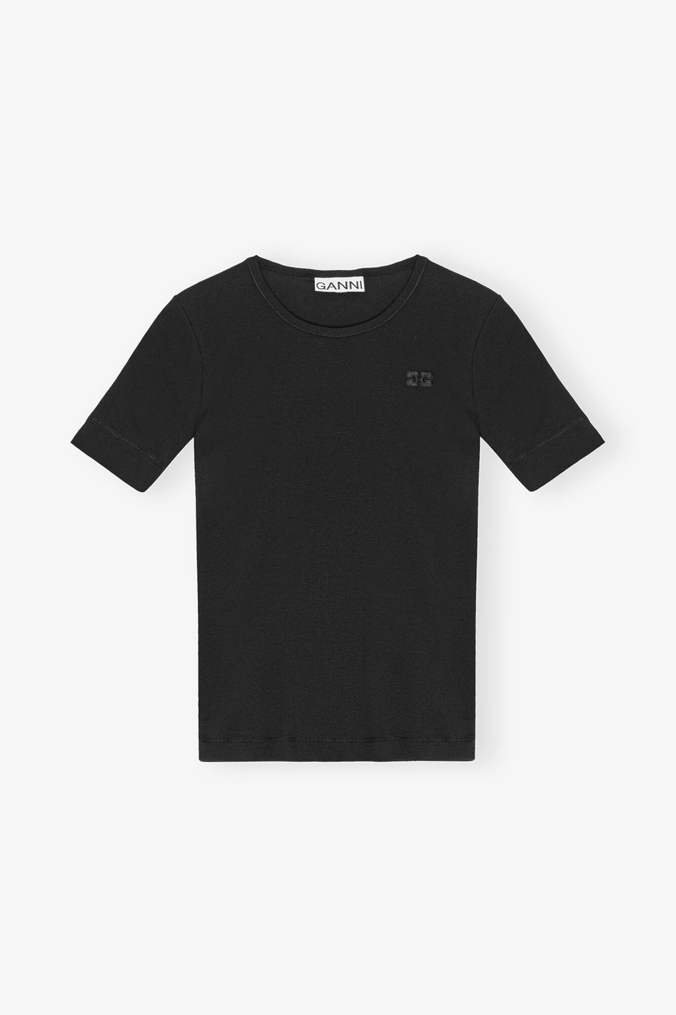 Sort T-shirt i blød rib bomuld med korte ærmer, Organic Cotton, in colour Black - 1 - GANNI