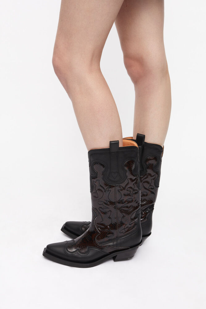 Mid Shaft Embroidered Western Boots in Burgundy, Black/Dark Burgundy