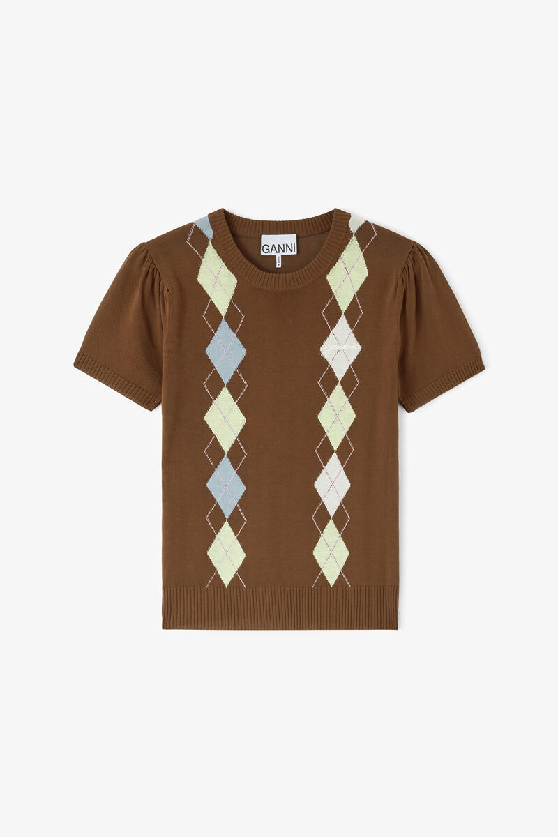 T-shirt in Argyle, Organic Cotton, in colour Tiramisu - 1 - GANNI