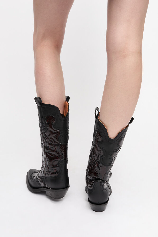 Mid Shaft Embroidered Western Boots in Burgundy, Black/Dark Burgundy