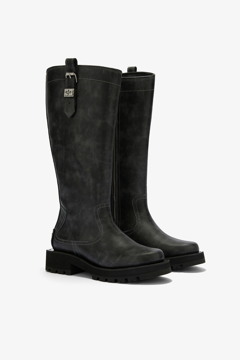 High Boots in Dark Grey, Recycled Leather, in colour Ebony - 2 - GANNI