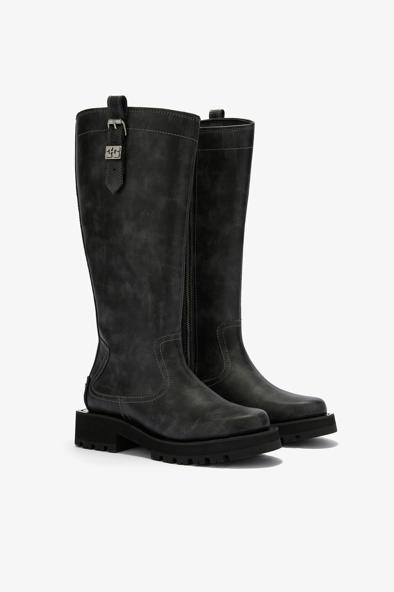 High Boots in Dark Grey, Recycled Leather, in colour Ebony - 2 - GANNI