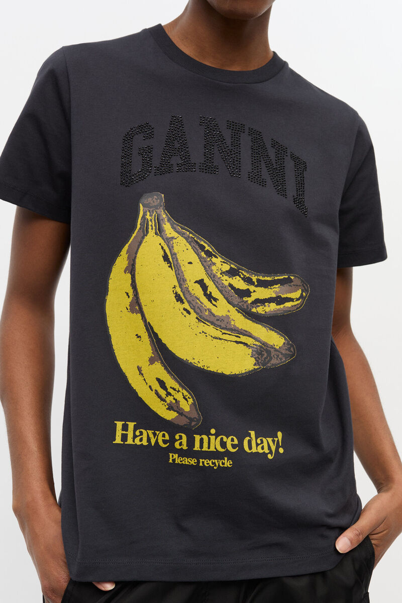 Black Banana Graphic T-shirt, Organic Cotton, in colour Phantom - 3 - GANNI
