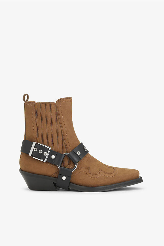 Brown Suede Low Cut Western Chelsea Boots, Tobacco Brown