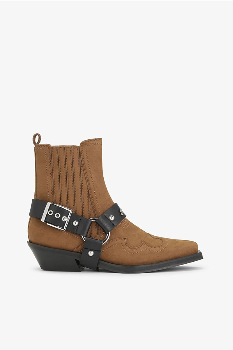 Brown Suede Low Cut Western Chelsea Boots, Recycled Polyamide, in colour Tobacco Brown - 1 - GANNI